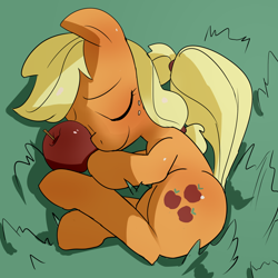 Size: 1500x1500 | Tagged: safe, artist:baigak, applejack, earth pony, pony, apple, eyes closed, food, freckles, grass, sleeping, solo, that pony sure does love apples