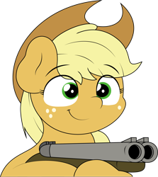 Size: 3593x4027 | Tagged: safe, artist:ljdamz1119, applejack, earth pony, pony, applejack's hat, cowboy hat, cute, delet this, double barreled shotgun, female, freckles, gun, hat, jackabetes, mare, shotgun, simple background, smiling, solo, transparent background, weapon