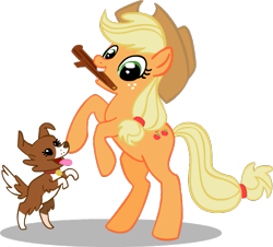 Size: 623x563 | Tagged: safe, applejack, winona, earth pony, pony, behaving like a dog, freckles, good dog, hat, playing, rearing, silly, silly pony, simple background, stick, transparent background, who's a silly pony