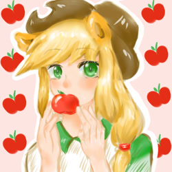 Size: 600x600 | Tagged: safe, artist:御喵子w, applejack, equestria girls, apple, cute, female, food, jackabetes, solo