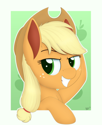 Size: 3232x3970 | Tagged: safe, artist:arcane-thunder, applejack, earth pony, pony, bust, cowboy hat, female, freckles, hat, high res, mare, portrait, simple background, smiling, solo, stetson