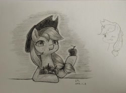 Size: 2972x2192 | Tagged: safe, artist:云观雾里, applejack, earth pony, pony, apple, eating, female, food, looking at you, mare, monochrome, solo, traditional art