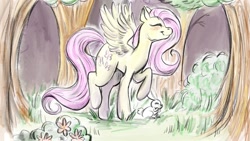 Size: 1024x576 | Tagged: safe, artist:miistabsi, angel bunny, fluttershy, pegasus, pony, blushing, cute, duo, eyes closed, forest, outdoors, raised hoof, raised leg, shyabetes, smiling, spread wings, three quarter view, tree, wings