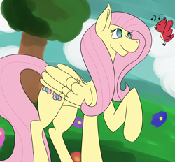 Size: 3520x3265 | Tagged: safe, artist:dah-vee, fluttershy, bird, pegasus, pony, cutie mark, female, mare, music notes, raised hoof, smiling, solo