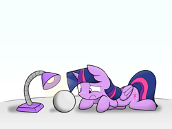 Size: 2000x1500 | Tagged: safe, artist:latie, twilight sparkle, twilight sparkle (alicorn), alicorn, pony, ball, confused, female, frown, lamp, mare, paint, prank, prone, shadow, simple background, solo, white background