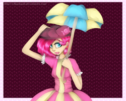 Size: 1374x1100 | Tagged: safe, artist:vikuskaal, pinkie pie, human, humanized, solo, umbrella