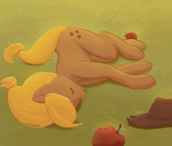 Size: 4131x3501 | Tagged: safe, artist:lavendernougat, applejack, earth pony, pony, apple, applejack's hat, cowboy hat, cute, female, food, hat, jackabetes, mare, on side, sleeping, solo