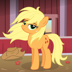 Size: 2000x2000 | Tagged: safe, artist:tacobender, applejack, earth pony, pony, applejack's hat, barn, cowboy hat, female, freckles, hat, hatless, hay, long hair, looking at you, loose hair, mane down, mare, missing accessory, show accurate, smiling, solo, vector, windswept mane