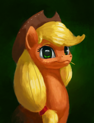 Size: 2560x3352 | Tagged: safe, artist:terrafomer, applejack, earth pony, pony, applejack's hat, bust, cowboy hat, female, hair tie, hat, portrait, smiling, solo, toothpick