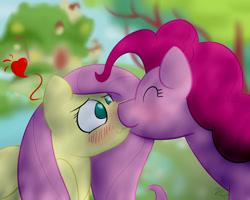 Size: 1500x1200 | Tagged: safe, artist:voraciouscutie, fluttershy, pinkie pie, earth pony, pegasus, pony, blushing, cute, dappled sunlight, female, floating heart, flutterpie, heart, kissing, lesbian, love, mare, shipping