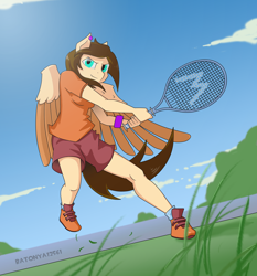 Size: 2836x3048 | Tagged: safe, artist:batonya12561, oc, oc only, anthro, pegasus, anthro oc, solo, tennis, tennis racket