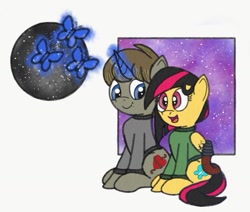 Size: 1023x869 | Tagged: safe, artist:darkknighthoof, oc, oc:darkknighthoof, oc:juniper, butterfly, clothes, cute, junihoof, night, night sky, shipping, simple background, sky, stars, sweater, white background