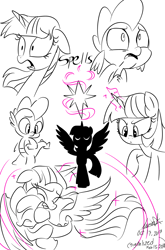 Size: 800x1214 | Tagged: safe, artist:emositecc, spike, twilight sparkle, twilight sparkle (alicorn), alicorn, dragon, pony, female, floppy ears, hug, mare, monochrome, simple background, sketch, white background