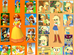 Size: 1500x1125 | Tagged: safe, artist:daniotheman, artist:sugar-loop, applejack, earth pony, human, pony, equestria girls, equestria girls (movie), fall weather friends, friendship games, legend of everfree, camp everfree outfits, clothes, crossover, fall formal outfits, hasbro, hasbro studios, helping twilight win the crown, legs, mario golf, mario golf toadstool tour, mario golf world tour, mario party, mario party 4, mario super sluggers, nintendo, ponied up, princess daisy, super mario bros., super smash bros., super smash bros. brawl, wondercolt ears, wondercolts, wondercolts uniform