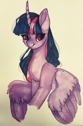 Size: 844x1280 | Tagged: safe, artist:neonishe, twilight sparkle, twilight sparkle (alicorn), alicorn, pony, curved horn, female, mare, simple background, solo, spread wings, traditional art, white background, wings