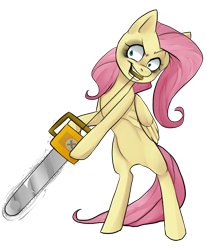 Size: 1200x1449 | Tagged: safe, artist:ninetail-fox, fluttershy, pegasus, pony, .mov, bipedal, chainsaw, female, fluttershed, hoof hold, mare, mouth hold, narrowed eyes, shed.mov, simple background, solo, this will end in death, transparent background