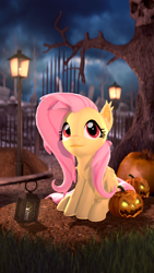 Size: 1080x1920 | Tagged: safe, artist:owlpirate, fluttershy, bat pony, pony, 3d, bat ponified, dead tree, flutterbat, halloween, holiday, jack-o-lantern, lamp, lantern, pumpkin, race swap, solo, source filmmaker, streetlight, tree