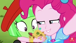 Size: 1280x720 | Tagged: safe, screencap, pinkie pie, better together, equestria girls, five lines you need to stand in, cheese, food, green face, rapeface, youtube, youtube logo