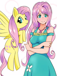 Size: 1200x1600 | Tagged: safe, artist:menko_e, fluttershy, human, pegasus, pony, crossed arms, cute, female, human ponidox, humanized, jewelry, kotobukiya, kotobukiya fluttershy, looking at you, mare, necklace, pixiv, self ponidox, shyabetes, simple background, white background