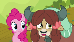 Size: 1280x720 | Tagged: safe, screencap, pinkie pie, yona, earth pony, pony, yak, she's all yak, bow, cloven hooves, cute, diapinkes, duo, female, hair bow, monkey swings, tree, yonadorable