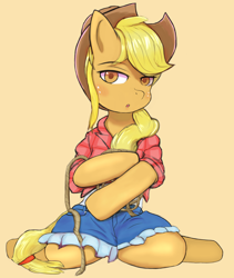 Size: 1200x1425 | Tagged: safe, artist:asa, applejack, earth pony, pony, clothes, cowboy hat, cute, denim skirt, female, freckles, hat, kotobukiya, lasso, looking at you, mare, plaid shirt, rope, skirt, solo, stetson, wrong eye color