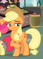 Size: 602x824 | Tagged: safe, screencap, applejack, earth pony, pony, the perfect pear, bow, cropped, female, filly, floppy ears, hair bow, lidded eyes, mare, offscreen character, raised hoof, sad, siblings, sisters, solo focus, wavy mouth