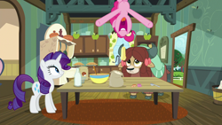 Size: 1280x720 | Tagged: safe, screencap, pinkie pie, rarity, yona, earth pony, pony, unicorn, yak, she's all yak, bow, cloven hooves, female, food, hair bow, in which pinkie pie forgets how to gravity, kitchen, milk, monkey swings, pie, pinkie being pinkie, pinkie physics, trio