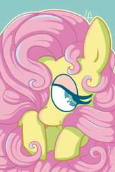 Size: 2400x3600 | Tagged: safe, artist:lambyanxious, part of a set, fluttershy, pegasus, pony, blue background, cute, female, hair, hair over one eye, lidded eyes, mane, mare, shyabetes, simple background, smiling, solo