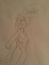 Size: 2448x3264 | Tagged: safe, artist:crb145, princess ember, anthro, dragon, atomic wedgie, breasts, bullying, clothes, dragoness, female, monochrome, pencil drawing, simple background, solo, speech bubble, torn clothes, traditional art, wedgie, white background, yelling