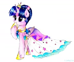 Size: 1888x1570 | Tagged: safe, artist:liaaqila, twilight sparkle, twilight sparkle (alicorn), alicorn, pony, clothes, crown, cute, dress, female, jewelry, mare, regalia, simple background, solo, traditional art, twiabetes, white background