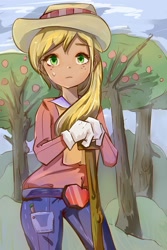 Size: 1000x1497 | Tagged: safe, artist:班迪特, applejack, human, apple tree, belt, clothes, cute, female, gloves, humanized, jackabetes, jeans, pants, pixiv, solo, tree