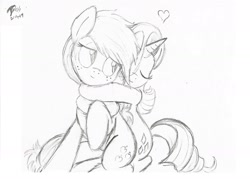 Size: 2156x1544 | Tagged: safe, artist:brekrofmadness, applejack, rarity, earth pony, pony, unicorn, cute, daaaaaaaaaaaw, female, hug, jackabetes, lesbian, monochrome, raribetes, rarijack, shipping, sketch, traditional art