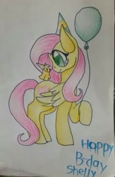 Size: 668x1024 | Tagged: safe, artist:pixelkip, fluttershy, oc, oc:shelly, pegasus, pony, animal, balloon, chick, hat, party hat, traditional art