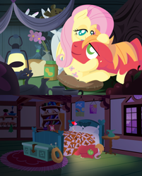 Size: 2200x2740 | Tagged: safe, anonymous artist, angel bunny, big macintosh, fluttershy, pegasus, pony, series:fm holidays, apple, bed, bread, cuddling, female, floating heart, flower pot, fluttermac, food, heart, lantern, lineless, looking at each other, male, night, nightmare night, no pupils, peanut butter, shipping, sleeping, straight, teddy bear, under the bed, yoke