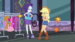 Size: 1920x1080 | Tagged: safe, screencap, applejack, rarity, better together, equestria girls, street chic, clothes, clothes rack, cold, freezing, leaves, shivering, sleeveless, smiling, smirk, tanktop