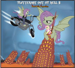 Size: 4324x3914 | Tagged: safe, artist:anime-equestria, fluttershy, angel, bat pony, pegasus, album cover, bat out of hell, bat out of hell 2, bat ponified, bat wings, chrysler building, cloud, cloudy, crossover, fangs, female, fire, flutterbat, giant bat, lighting, lightning, mare, meat loaf, motorcycle, parody, race swap, skyscraper, skyscrapers, vector, wings