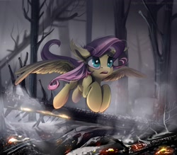 Size: 4000x3500 | Tagged: safe, artist:mithriss, fluttershy, pegasus, pony, charred, dead tree, female, fire, flying, forest, forest fire, mare, open mouth, outdoors, shocked, smoke, solo, spread wings, three quarter view, tree, wings