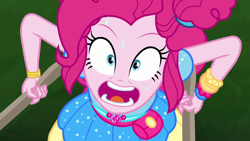 Size: 1920x1080 | Tagged: safe, screencap, pinkie pie, accountibilibuddies, accountibilibuddies: pinkie pie, better together, choose your own ending, equestria girls, faic, geode of sugar bombs, magical geodes, solo, sweat, wheelbarrow, wristband