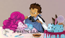 Size: 1280x740 | Tagged: safe, artist:bevin brand, pinkie pie, oc, oc:copper plume, equestria girls, apron, blanket, cake, candy, canon x oc, chocolate, clothes, commission, commissioner:imperfectxiii, cookie, copperpie, female, flour, food, freckles, glasses, icing bag, knife, lidded eyes, lollipop, male, neckerchief, obtrusive watermark, official fan art, ponytail, shirt, simple background, sleeping, straight, wafer, watermark