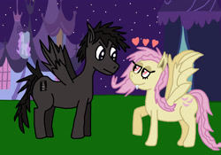 Size: 3180x2226 | Tagged: safe, artist:sb1991, fluttershy, oc, oc:black strip, oc:film reel, bat pony, pegasus, pony, bat ponified, flutterbat, halloween, heart, holiday, lidded eyes, night, nightmare night, race swap