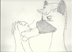 Size: 2338x1700 | Tagged: safe, artist:2tailedderpy, oc, oc only, oc:snoopy stallion, oc:two-tailed derpy, blushing, dialogue, kissing, monochrome, oc x oc, onomatopoeia, pencil drawing, rule 63, shipping, simple background, size difference, text, traditional art, white background