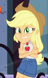 Size: 558x902 | Tagged: safe, screencap, applejack, better together, equestria girls, street chic, applejack's hat, clothes, cold, cowboy hat, cropped, freezing, geode of super strength, hat, magical geodes, shivering, short pants, shorts, sleeveless, solo, tanktop