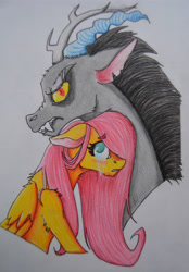 Size: 3826x5497 | Tagged: safe, artist:tichiro, discord, fluttershy, pegasus, pony, angry, crying, looking at you, scared