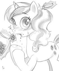 Size: 743x889 | Tagged: safe, artist:ehfa, sweet biscuit, pony, unicorn, female, mare, monochrome, simple background, sketch, solo, white background