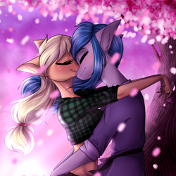 Size: 1000x1000 | Tagged: safe, artist:cinnamonbun, applejack, oc, oc:hiroki, anthro, earth pony, anthro oc, canon x oc, cherry blossoms, clothes, embrace, female, flower, flower blossom, flower petals, hirojack, male, mare, nuzzling, stallion, ych result