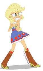 Size: 696x1149 | Tagged: safe, artist:adrikovxander, applejack, equestria girls, equestria girls (movie), bare shoulders, clothes, covering, dress, fall formal outfits, scared, shocked, simple background, sleeveless, solo, strapless, transparent background, vector