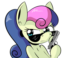 Size: 1280x1024 | Tagged: safe, artist:flavouruannabelle, bon bon, sweetie drops, earth pony, pony, female, gun, handgun, hooves, m1911, mare, pistol, secret agent sweetie drops, simple background, solo, sunglasses, weapon, white background