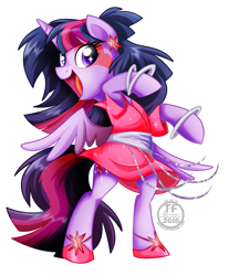 Size: 828x1000 | Tagged: safe, artist:nanook123, twilight sparkle, twilight sparkle (alicorn), alicorn, pony, clothes, cute, ear piercing, earring, female, jem and the holograms, jewelry, looking at you, makeup, mare, open mouth, piercing, rearing, shoes, simple background, skirt, smiling, solo, watermark, white background