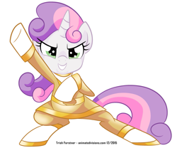 Size: 1445x1200 | Tagged: safe, artist:nanook123, sweetie belle, pony, unicorn, chouriki sentai ohranger, clothes, cute, female, filly, looking at you, pose, power rangers, power rangers zeo, simple background, solo, super sentai, white background, yellow ranger