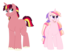 Size: 1500x1000 | Tagged: safe, artist:faith-wolff, oc, oc only, unicorn, bandana, commission, duo, female, hair tie, half-siblings, magical lesbian spawn, male, mare, offspring, parent:applejack, parent:sunset shimmer, parent:twilight sparkle, parents:sunsetsparkle, parents:twijack, simple background, stallion, white background